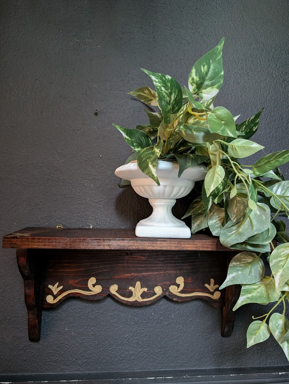 Vintage Dark Walnut Wood Scroll Wall Hanging Shelf 18"